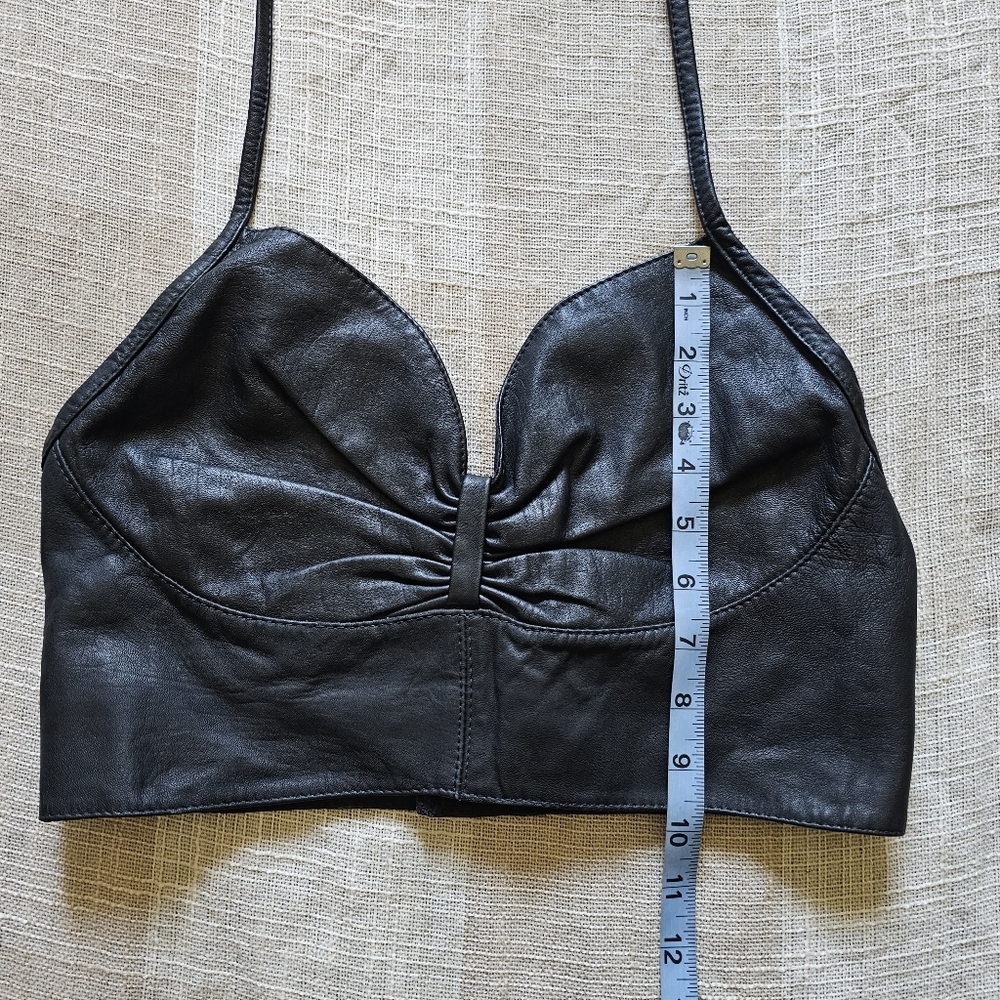 VTG Western Motoboho Yallternative Biker Black Leather Tie Cropped Halter Top - Picture 9 of 11